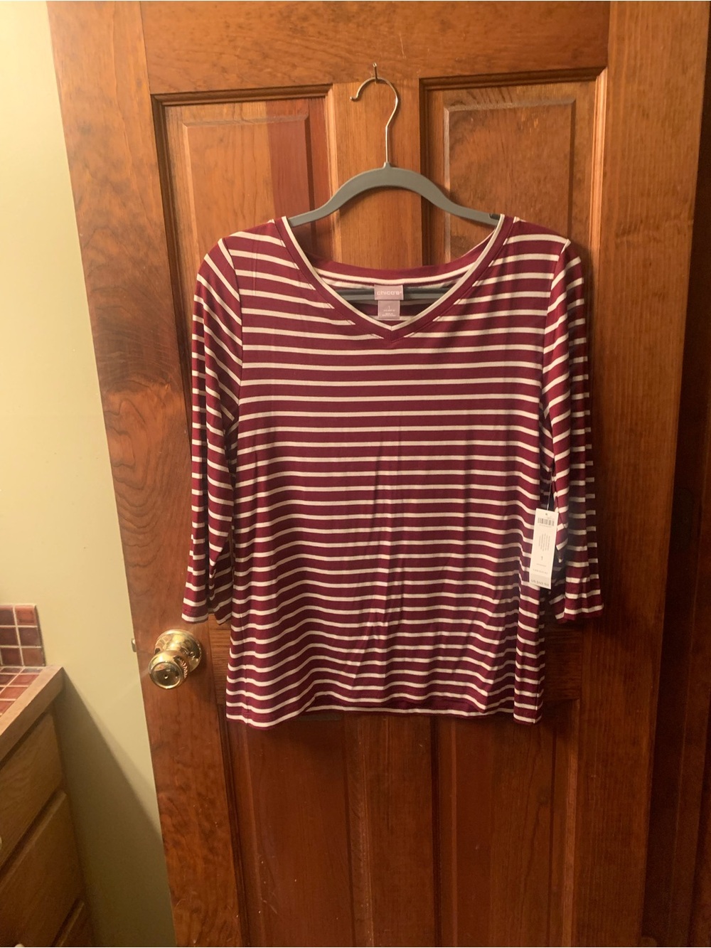 Chico's NEW WITH TAGS, V-neck stripe, 3/4 sleeves, 95 percent Rayon, 5 Spandex.